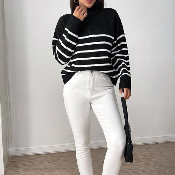 Black And White Preppy Womens Stripe Pattern Half Zipper Drop Shoulder Sweater - Picture 3 of 5